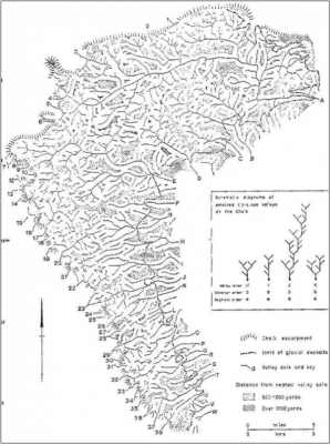 Figure 4. Dry valley networks on the Yorkshire Wolds (after Lewin 1969).